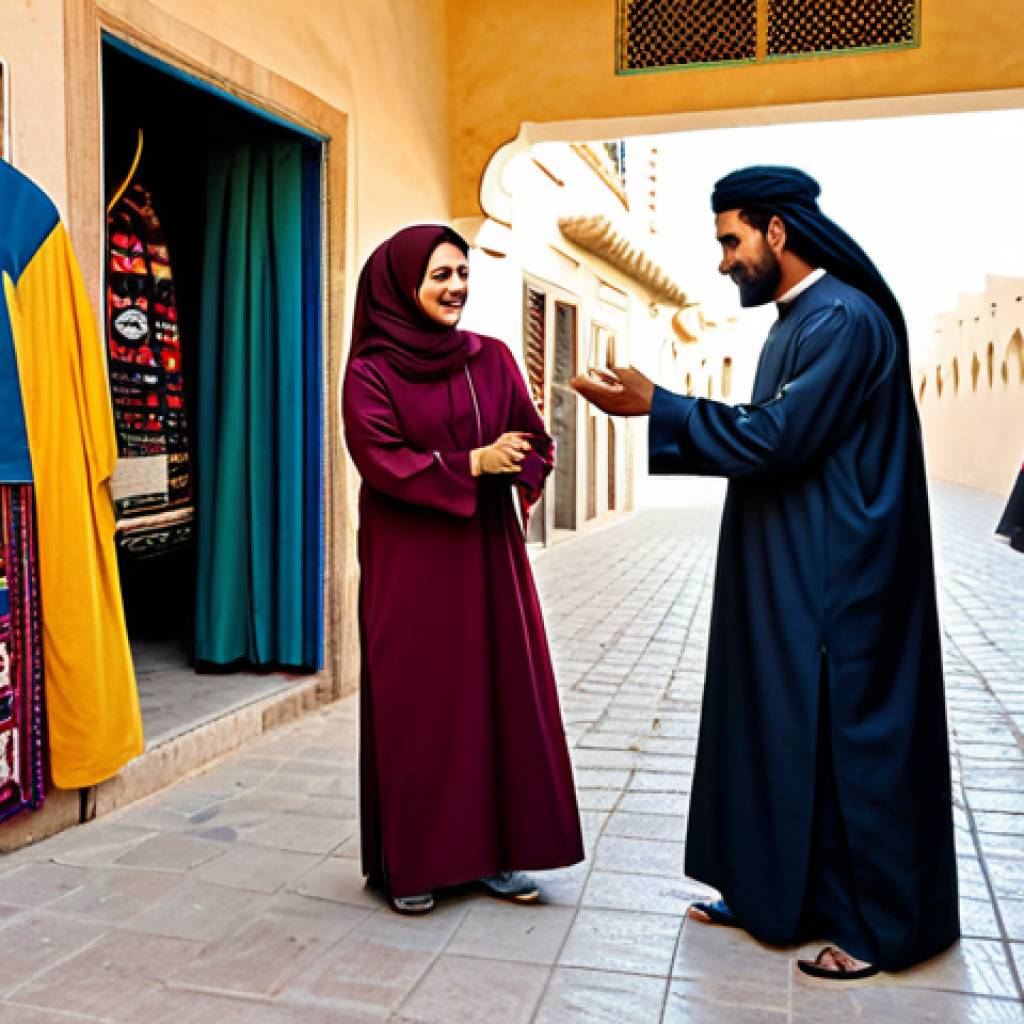 A diverse group of adults, including a female student in modest, appropriate attire and a male local vendor in a traditional thobe, engaging in a friendly, respectful conversation at a vibrant Souq Waqif in Doha. They are standing naturally amidst colorful textiles and traditional goods, capturing the essence of cultural immersion and real-life language learning through interaction. The image should be professional photography, high quality, with natural lighting and rich detail. fully clothed, modest clothing, appropriate attire, safe for work, appropriate content, family-friendly, perfect anatomy, correct proportions, natural pose, well-formed hands, proper finger count, natural body proportions.