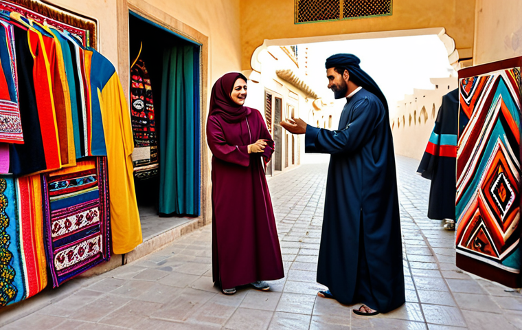 A diverse group of adults, including a female student in modest, appropriate attire and a male local vendor in a traditional thobe, engaging in a friendly, respectful conversation at a vibrant Souq Waqif in Doha. They are standing naturally amidst colorful textiles and traditional goods, capturing the essence of cultural immersion and real-life language learning through interaction. The image should be professional photography, high quality, with natural lighting and rich detail. fully clothed, modest clothing, appropriate attire, safe for work, appropriate content, family-friendly, perfect anatomy, correct proportions, natural pose, well-formed hands, proper finger count, natural body proportions.