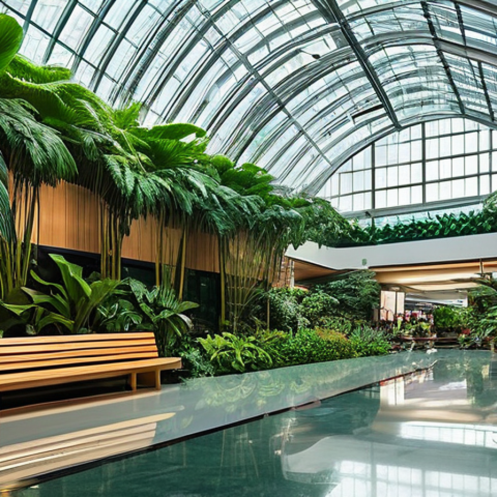 카타르 도하 공항 정보 - A stunning, lush tropical garden located inside a modern, expansive airport terminal. Large, vibrant...