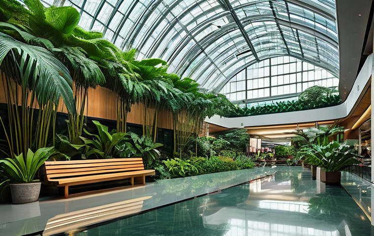 카타르 도하 공항 정보 - A stunning, lush tropical garden located inside a modern, expansive airport terminal. Large, vibrant...