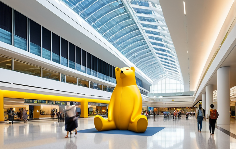 카타르 도하 공항 정보 - An opulent, grand concourse within a futuristic international airport, showcasing high-end luxury bo...