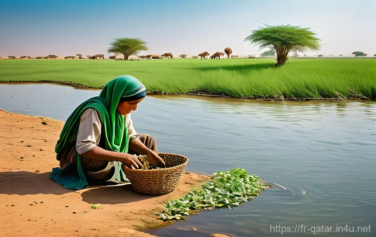 카타르 초기 정착민 역사 - **Prompt 1: Green Savanna Life - Early Inhabitants**
    "A vibrant and peaceful scene depicting a l...