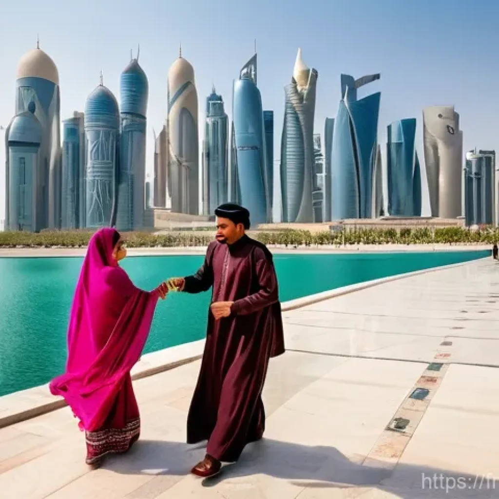 카타르의 주거민 구조 - **A Vibrant Tapestry of Cultures in Modern Doha.**
An outdoor shot in a bustling public space in...