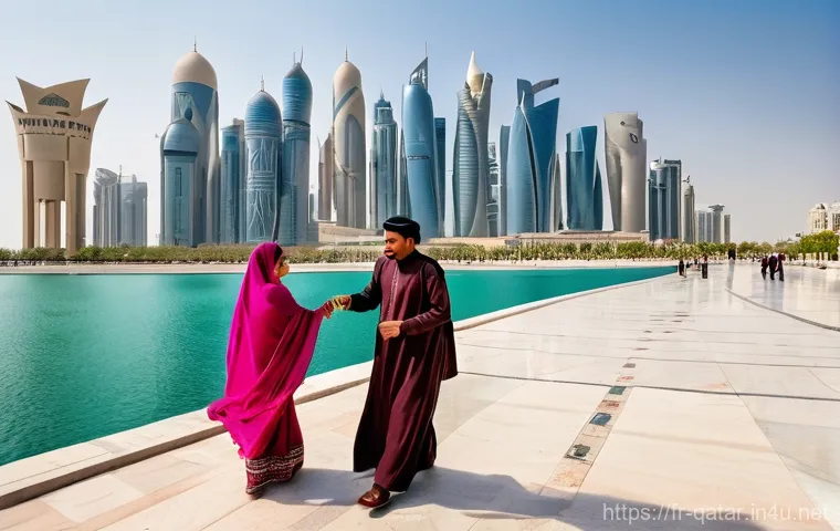 카타르의 주거민 구조 - **A Vibrant Tapestry of Cultures in Modern Doha.**
An outdoor shot in a bustling public space in...