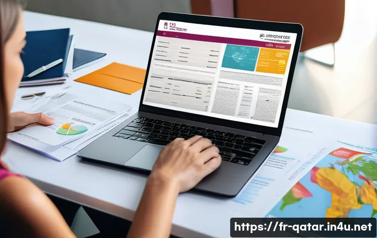 카타르 여행 보험 - A professional traveler consulting travel insurance documents in a modern office setting, with a lap...