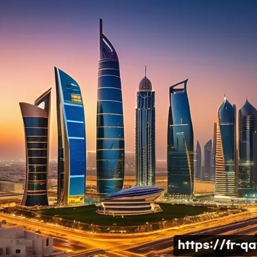 카타르의 초고층 빌딩 - A futuristic Doha skyline at sunset featuring the iconic Tower Aspire with its slender flame-shaped ...