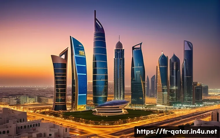 카타르의 초고층 빌딩 - A futuristic Doha skyline at sunset featuring the iconic Tower Aspire with its slender flame-shaped ...