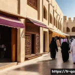 Home 20 카타르에서 안전하게 여행하는 법 - A vibrant street scene in Doha’s traditional souk during the day, showing diverse visitors dressed m...