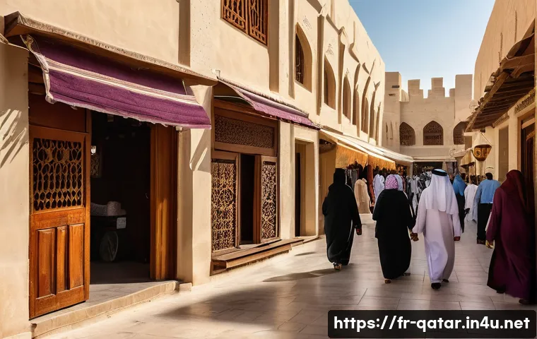 카타르에서 안전하게 여행하는 법 - A vibrant street scene in Doha’s traditional souk during the day, showing diverse visitors dressed m...