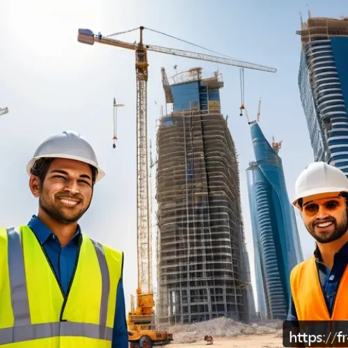 Home 30 카타르와 외국 노동자 비율 - A diverse group of foreign construction workers in Qatar at a large urban building site, featuring m...