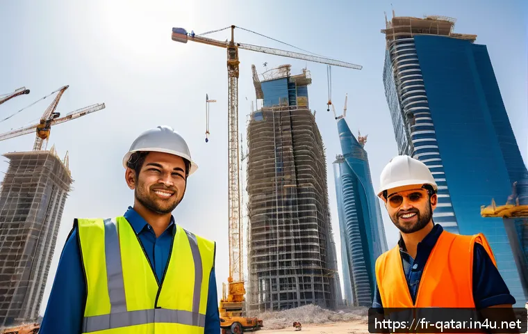카타르와 외국 노동자 비율 - A diverse group of foreign construction workers in Qatar at a large urban building site, featuring m...