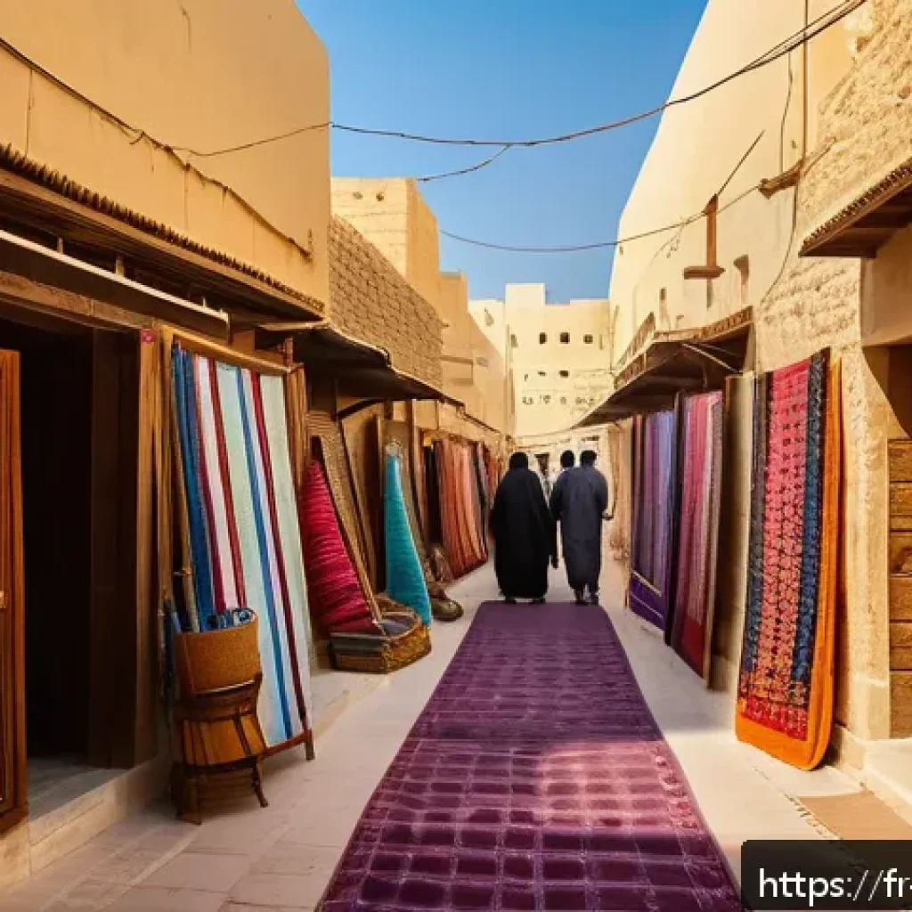 카타르 관광지 - A peaceful narrow alley in the old town of Doha at sunset, lined with traditional wooden market stal...