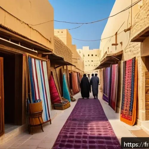 Home 17 카타르 관광지 - A peaceful narrow alley in the old town of Doha at sunset, lined with traditional wooden market stal...
