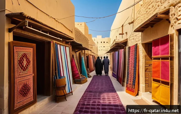카타르 관광지 - A peaceful narrow alley in the old town of Doha at sunset, lined with traditional wooden market stal...