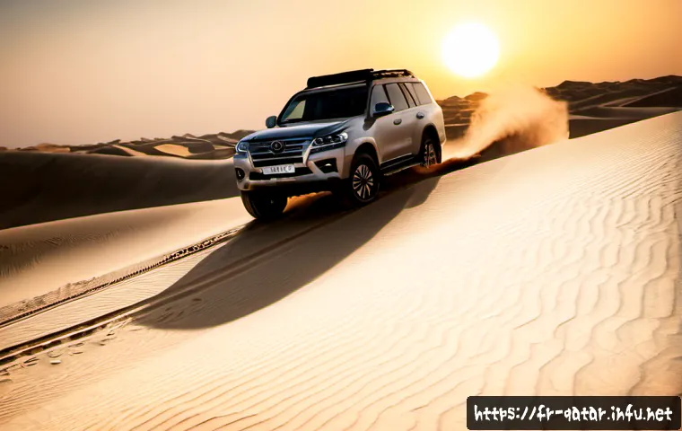 카타르 사막 사파리 - Photorealistic Qatar desert safari at golden hour, powerful 4x4 SUV cresting a sweeping sand dune ne...