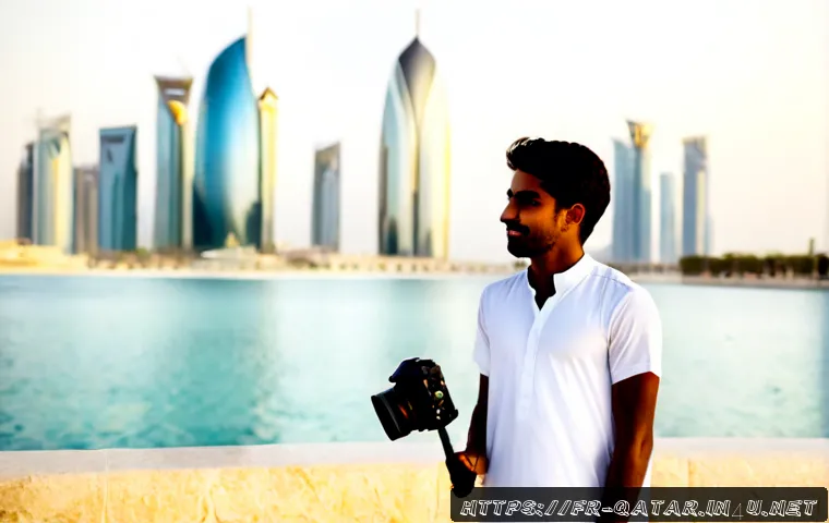 카타르 출신 유튜버 - Photorealistic young Qatari content creator filming a travel vlog beside the Corniche waterfront in ...