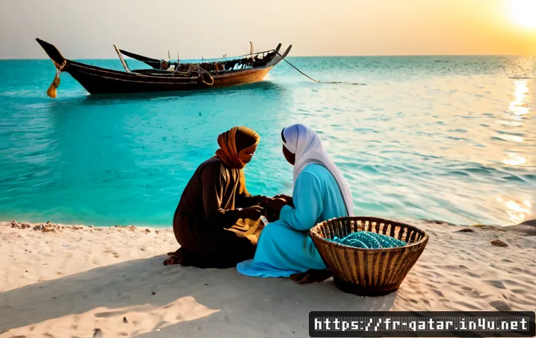 Home 17 카타르 진주 채집 역사 - Photorealistic historical scene of traditional pearl divers in early 20th-century Qatar preparing be...